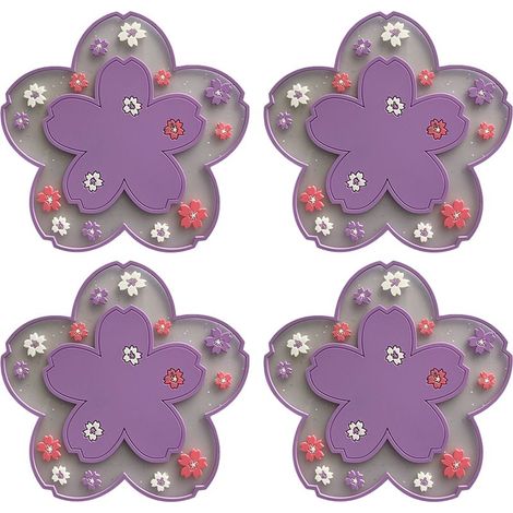 Jolis dessous de verre roses en macramé, dessous de verre amusants en silicone pour table basse en bois, set de table à fleurs (violet, petit) (1/5)