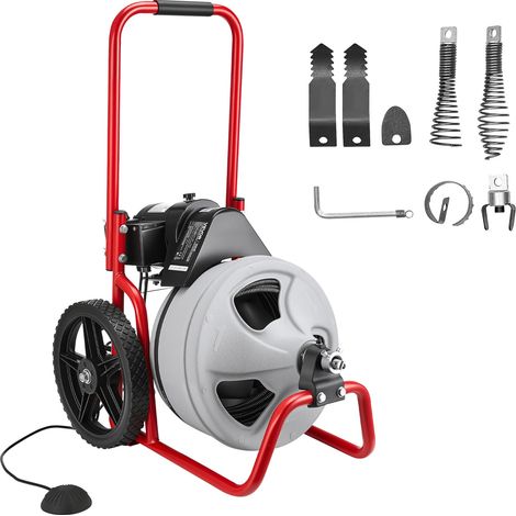 Furet Déboucheur Canalisation Électrique 22 m x 9,5 mm Furet Électrique Alimentation Manuelle Machine de Débouchage sur Roues pour Tuyaux 50-150 mm, 6 Coupeurs, Interrupteur au Pied Pneumatique (1/5)
