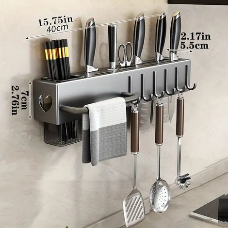 Support mural pour ustensiles de cuisine, range-couverts sans perçage avec crochets pour ustensiles de cuisine et couverts-40cm (1/5)