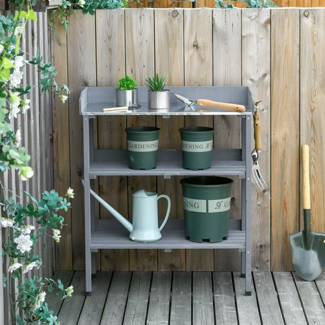 Outsunny Pflanztisch Gärtnertisch Blumentisch mit Metall Arbeitsfläche Garten Holz Grau 76 x 37 x 89 cm