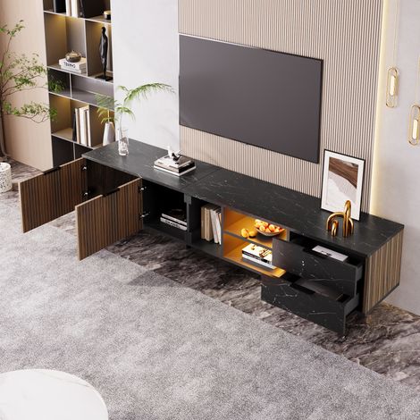 Mueble TV LED de 200 x 38 x 50 cm con 2 cajones y 2 puertas, apto para TV de 50 pulgadas, decoración dorada, sin tiradores, TV muebles, MDF, negro (1/5)