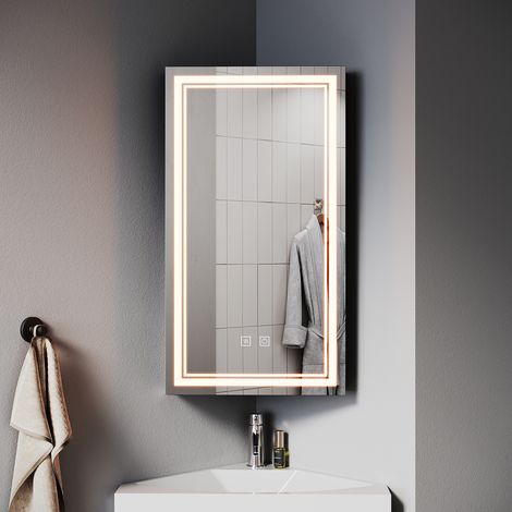 ELEGANT Corner Bathroom Mirror Cabinet 385x700m with LED Light Demister Shaver Socket Dimmable Bathroom LED Mirror (1/4)