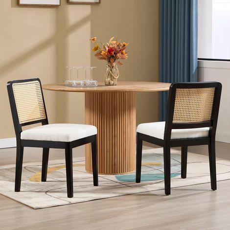 Esszimmerstühle 2er Set Vintage Leinen Rattan Rückenlehne Mid-Century Stil Schwarz (1/5)