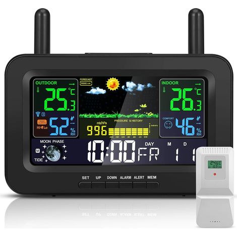 Drahtlose Wetterstation für den Innen- und Außenbereich mit Außensensor, Mondphasenwecker und Temperatur- und Feuchtigkeitsanzeige. (1/5)