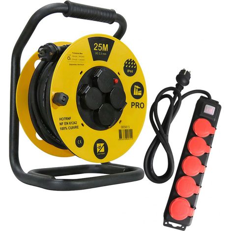 Pack Enrouleur de câble PRO 25m HO7RNF 3G2,5 IP44 WILMART + Bloc 5 prises 2P+T étanche