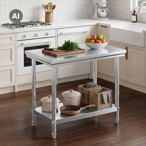 Wiltec Edelstahl Tisch Arbeitstisch Edelstahltisch mit Ablage 100x60x85cm für Gastro Küche Werkstatt Garten Keller mit höhenverstellbare Füßen
