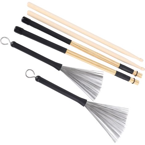 Ensemble de brosses pour baguettes de batterie, prise en main confortable, brosse en bois robuste, comprenant une brosse métallique et une brosse à barre. (1/5)