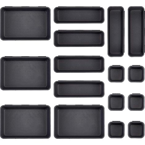 Ensemble de 16 pièces pour tiroirs de bureau : plateaux de 3 tailles, organisateurs de maquillage en plastique, tiroirs de rangement pour couverts, séparateurs et bacs pour commode, coiffeuse et usten (1/4)