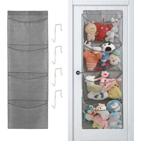 Rangement Peluche, Rangement Suspendu pour Peluches avec 4 Poches Range Peluche et Crochet, Filet Peluches à Suspendre, pour Chambre à Coucher Salle de Bain Pépinière, Gris (1/5)