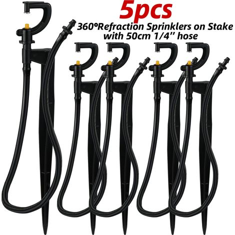 (d-5pcs) 5 arroseurs rotatifs à 360° pour micro-irrigation, montés sur un piquet de 20 cm avec raccord cannelé 1/4", pour pelouse, ferme et serre. (1/4)