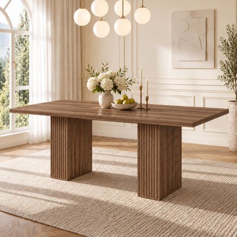 Table à manger extensible 150x90 cm jusqu' à 190x90 cm, rallonge rangée sous le plateau, 2 compartiments de rangement, MDF, finition noyer (1/5)