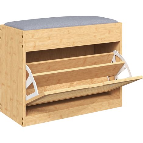 Banc d'entrée en bambou avec assise matelassée, porte rotin et étagère ajustable, rangement chaussures, bois naturel (1/5)