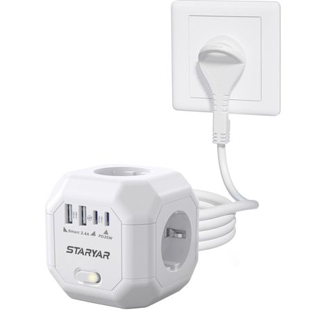 Bloc multiprise cube à 4 prises, multiprise plate, multiprise cube avec USB 4000 W, adaptateur multiprise, 2 m, rallonge multiprise, protection contre les surtensions pour bureau (1/5)