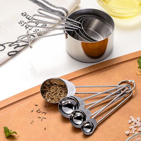 8-teiliges Edelstahl-Set inklusive Messbecher und -löffel mit Gewindegriffen, Back-, Gewürz- und Kochutensilien, Küchenhelfer (1/5)