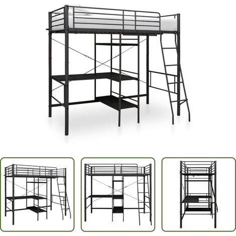 Metallbett - Etagenbett mit Tischrahmen Schwarz Metall 90x200 cm (1/5)