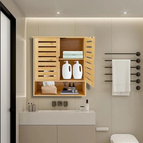 Bambus Badezimmer Wandschrank, Medikamente Schrank, 3 Etagen große Kapazität Schrank für Küche, Wohnzimmer, 58,42  20,07  66,05 cm
