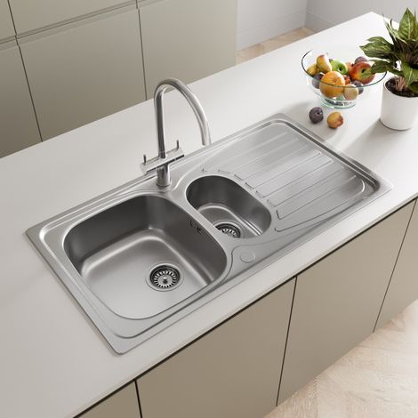 Modern Stainless Steel Kitchen Sink 1.5 Bowl Drainer + FREE Wastes (1/7)
