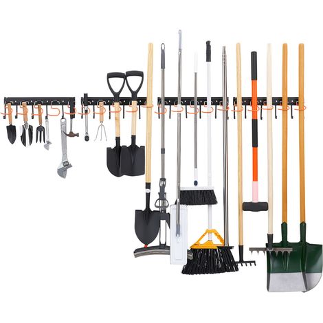 Mophorn Porte-outils mural pour jardin 1727,2 mm, support mural robuste avec capacité de charge totale de 204 kg, équipé de 4 rails, 24 crochets fixes en L et 20 crochets réglables en S (1/5)