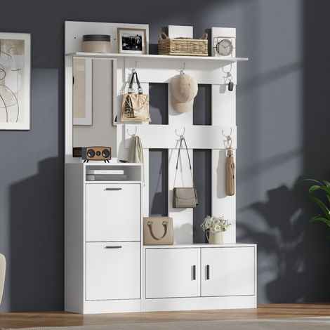 Appendiabiti da ingresso con specchio, ganci e molteplici scomparti, in MDF bianco, salvaspazio, 120x30x180 cm (1/5)