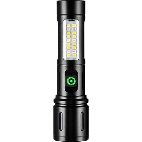 Cette lampe torche LED rechargeable haute puissance et longue durée dispose de 5 modes d'éclairage et d'une fonction zoom. Elle est étanche IP6. ()