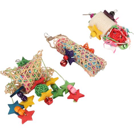 Lot de 3 jouets à mâcher en bambou et rotin pour perroquets, adaptés aux pinsons, perruches ondulées et calopsittes. (1/5)