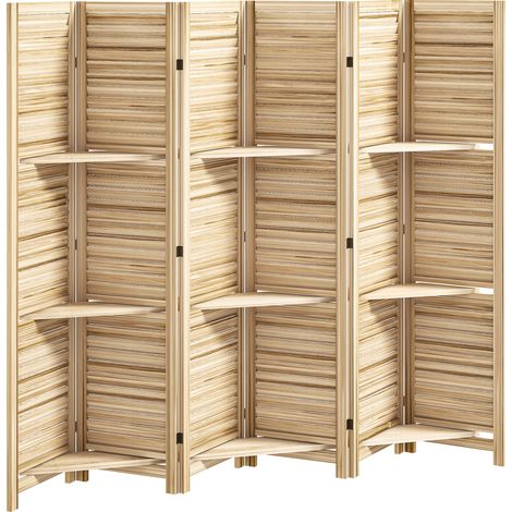 Paravent en bois massif 4 volets 160x170 cm, cloison pliable avec 3 étagères, séparateur d'espace effet brûlé naturel (1/5)