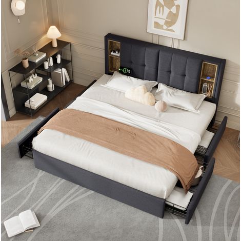 Lit double capitonné moderne 160x200 cm en lin gris avec tête de lit recharge sans fil, USB/USB-C et 4 tiroirs (1/5)