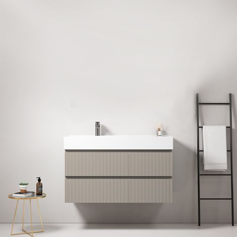 Mobile bagno sospeso cannettato 100 cm Grigio Cenere Lavabo a Sinistra in Resina Senza Specchio - Fiji Paint (1/4)