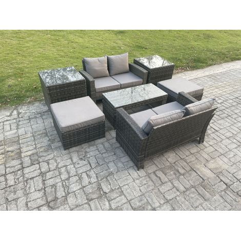 Fimous Dossier haut Ensemble de meubles de jardin en rotins ave Table basse rectangulaire 2 Table d'appoint 2 Grand Tabouret Gris foncé (1/5)