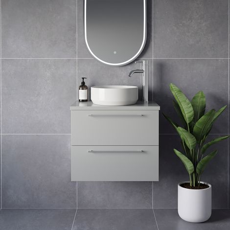 Napoli 390 Gloss Grey Pearl 600mm Wall Mounted 2 Drawer Vanity Unit for Countertop Basins - 600mm - Chrome 320mm Handle