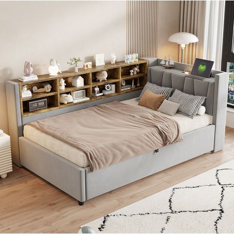 Letto singolo 90x200 cm in velluto grigio, con contenitore per cameretta, senza materasso - FLORAGRACE (1/5)