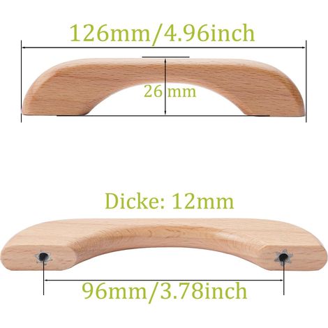 Set di 4 maniglie in legno per mobili, armadi, ante di armadi e cassetti in legno di faggio, lunghezza totale 126 mm, color legno. (1/4)