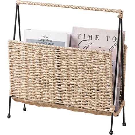 Revistero de papel tejido estilo bohemio, soporte de hierro, cesta para libros para sala de estar/oficina/baño. (1/4)