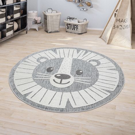 Paco Home Kinderteppich Kinderzimmer Outdoorteppich Rund Spielteppich 3D Effekt Löwe Grau Ø 160 cm Rund