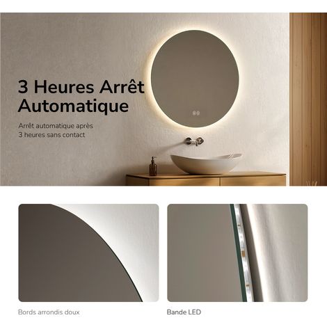EMKE Miroir de salle de bain rond LED avec rétro-éclairage sans cadre Interrupteur tactile - Diamètre 80cm  Lumière Blanche Froide/Chaude/Neutre