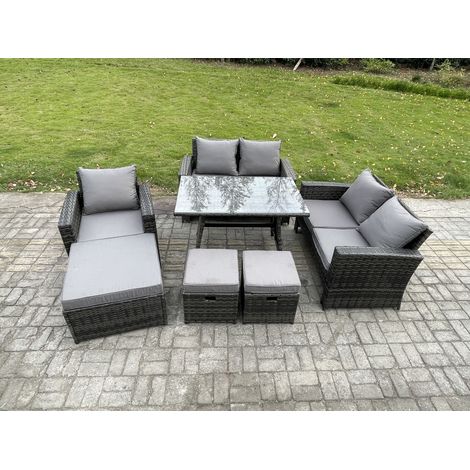 Fimous 8 Seater Garden Dining Set Wicker PE Rattan Outdoor Furniture Sofa with Rectangular Dining Table Double Seat Sofa Dark Grey Mixed (1/5)