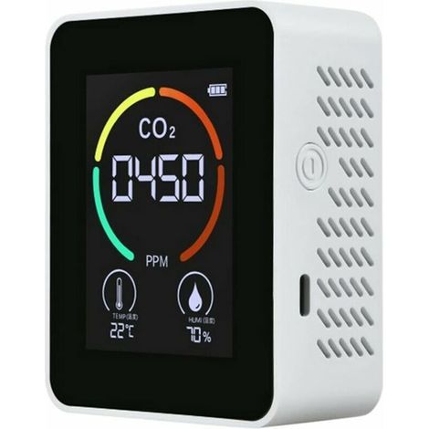 Compteur de CO2 avec rétroéclairage LCD Capteurs TVOC Détecteur de concentration de CO2 de dioxyde de carbone intérieur Testeur d'analyseur de qualité de l'air intelligent (Blanc) (1/5)