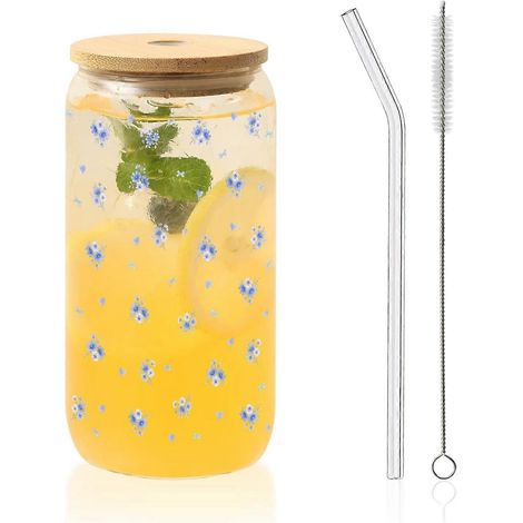 Tasses verre avec couvercles et pailles, motif fleurs papillon bleus, mug isotherme café glacé, cadeau Saint-Valentin/anniversaire (Fleurs03) (1/5)