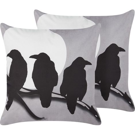 Set di 2 cuscini moderni in velluto motivo corvi 45 x 45 cm grigio Oradea