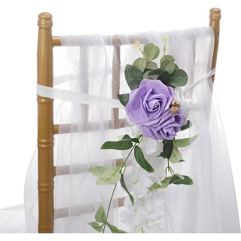 (6 pièces par paquet) Fleurs artificielles lilas clair 25 x 40 cm pour dossier de chaise de mariage, décoration de chaise pour réception en extérieur, fleurs artificielles pour chaise de mariage (1/5)