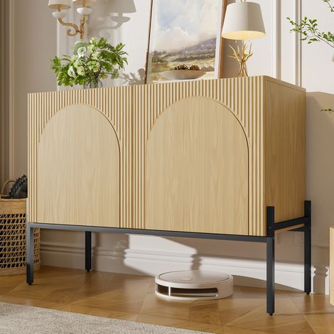 Sideboard 100x40x75 cm Natur aus Spanplatte mit 2 Türen, Metallbeinen und bogenförmigem Rillendesign (1/5)