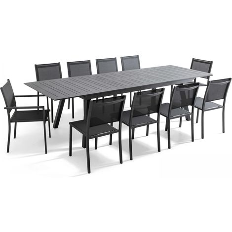 Oviala – Ensemble table de jardin extensible 10 places – 1 table 216/298 cm avec rallonge papillon – 10 chaises empilables en aluminium gris (1/9)