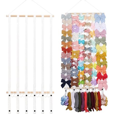 Support Pour Barrettes - 28 Pouces - Cadre En Bois Avec 6 Rubans En Coton - Accroche-Murale Ou Porte - Blanc - 1 Pièce (1/5)