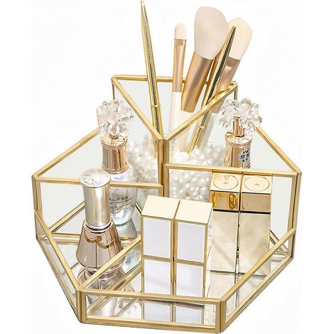Organisateur doré en verre à 5 compartiments, rangement pinceaux élégant pour coiffeuse, salle de bain ou chambre. (1/5)