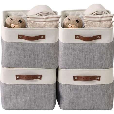 Green Mobility-paniers de rangement pliables en tissu cationique robuste et pliable avec poignées pour étagère pour chambre d'enfant ou penderie (Gris et blanc, Large 4 Pack) (1/5)
