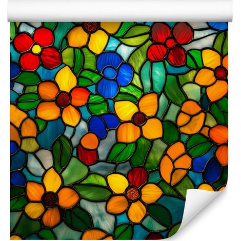 Papel pintado con flores de vidriera en verde botella, dorado y turquesa, 50x1000 cm. (1/5)
