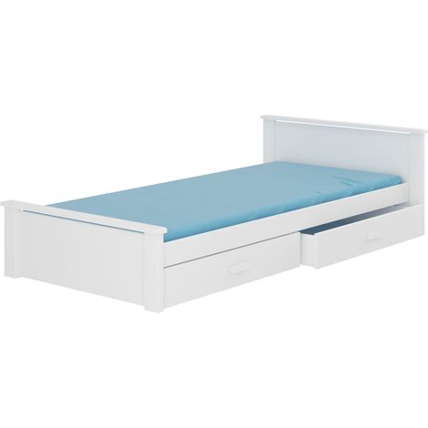 Lit enfant bois pin blanc 90x200 avec 2 tiroirs de rangement Lydia (1/4)