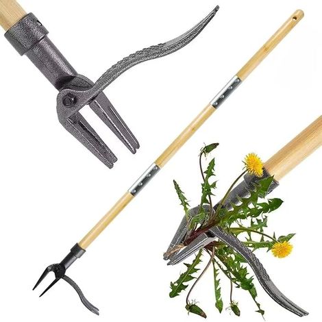 auvstar Manual Weeder, 1.3 m Long Handle Weed Puller Dandelion Puller, Natural Bamboo Handle Weeder, Weed Extractor 4 Metal Claws (1/5)