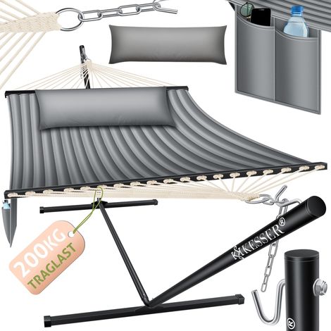 KESSER® Hängematte HILL mit Gestell Kissen Doppelhängematte für 2 Personen-Stabiler Rahmen -200kg Belastbarkeit Indoor & Outdoor XXL Hängesessel   Grau