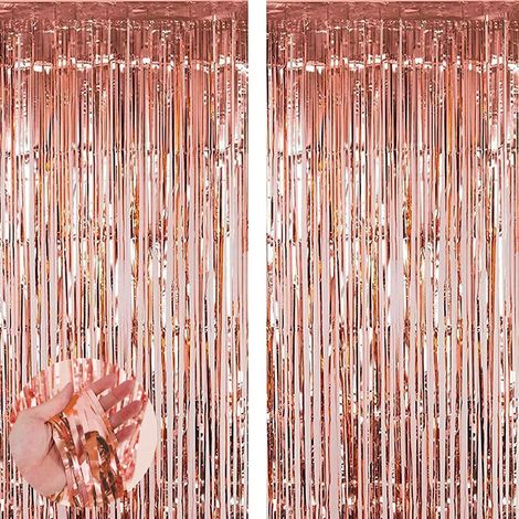 2 Rideau métallique, aluminium frangé or rose, 1x2m, adhésif double face inclus, décoration fête mariage anniversaire (1/5)